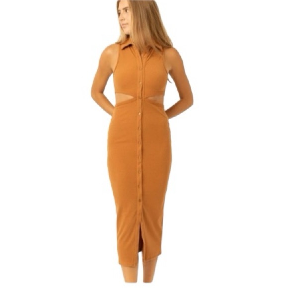 EMORY PARK BUTTON FRONT CUT OUT MIDI SUNDRESS MID SKIRT RIBBED BODYCON STRETCH L - Picture 5 of 17